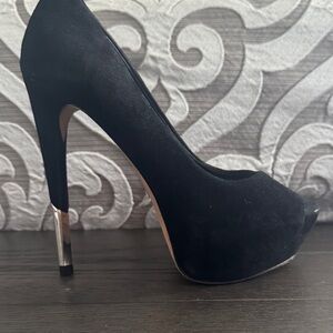 Boutique 9 Black Suede Platform Peep-Toe Pumps with Metallic Heel